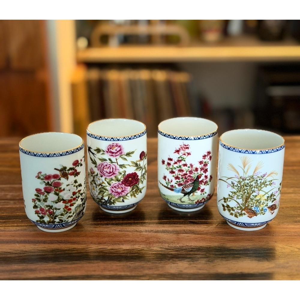 VTG 1985 Japanese Franklin Mint FP Porcelain Set Of 4 Tea Cups "Birds & Flowers"